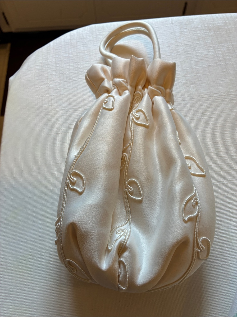 Talbots Ivory Satin Drawstring Wristlet with Heart Motif